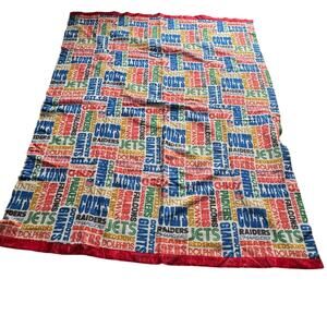Vtg 1980's Sears NFL Team Collage Satin Trimmed Fleece Blanket